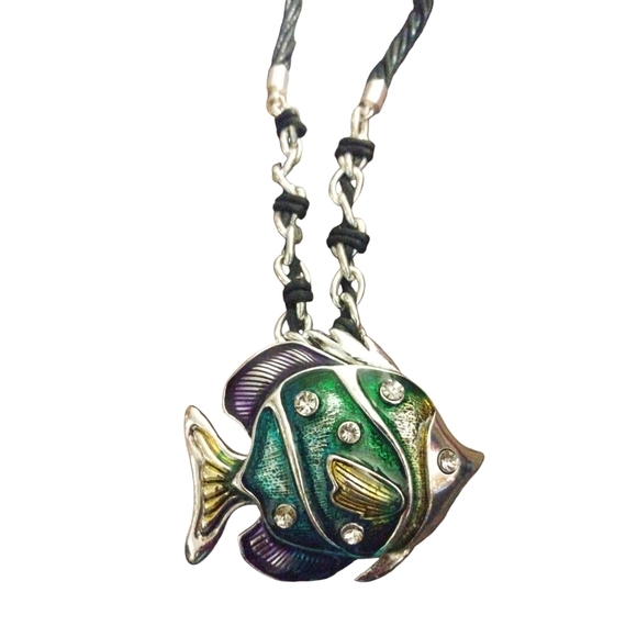 Fish Chunky Necklace/Earrings Set Accents Black Soft Chord Silver Clasp Nautical - Picture 2 of 4